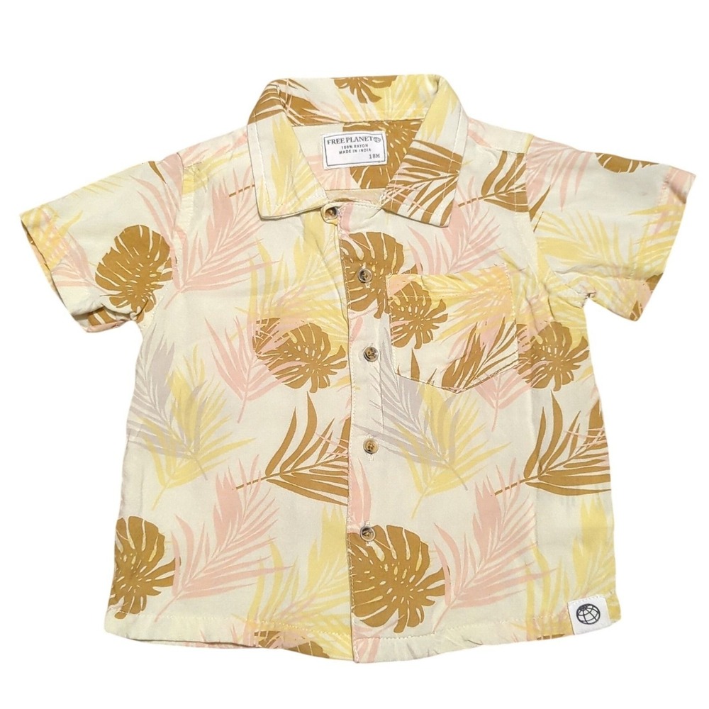 Free Planet Kids 18M‎ Hawaiian Rayon Shirt Tropical Palm Leaf Button Down Cream